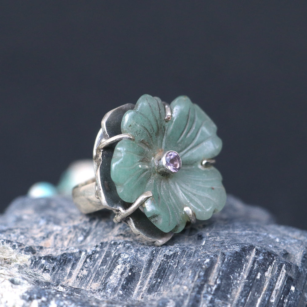 Silver Ring with a Hand-Carved Green Agate