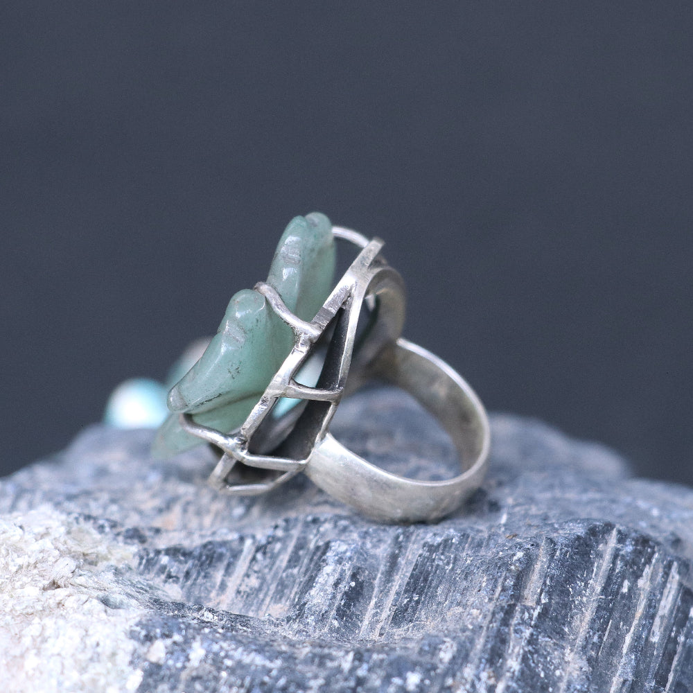 Silver Ring with a Hand-Carved Green Agate