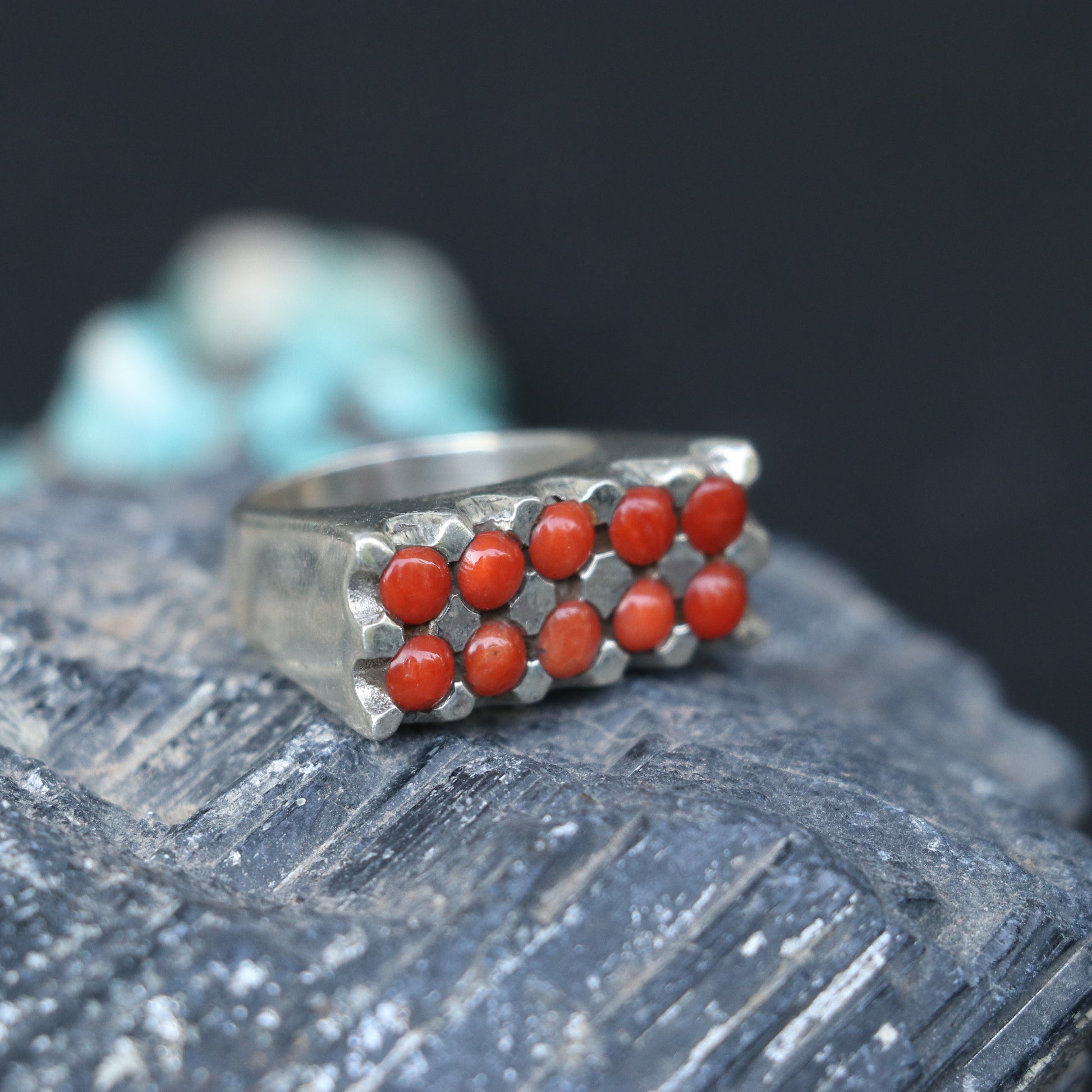 SILVER RING FEATURING RED CORALS