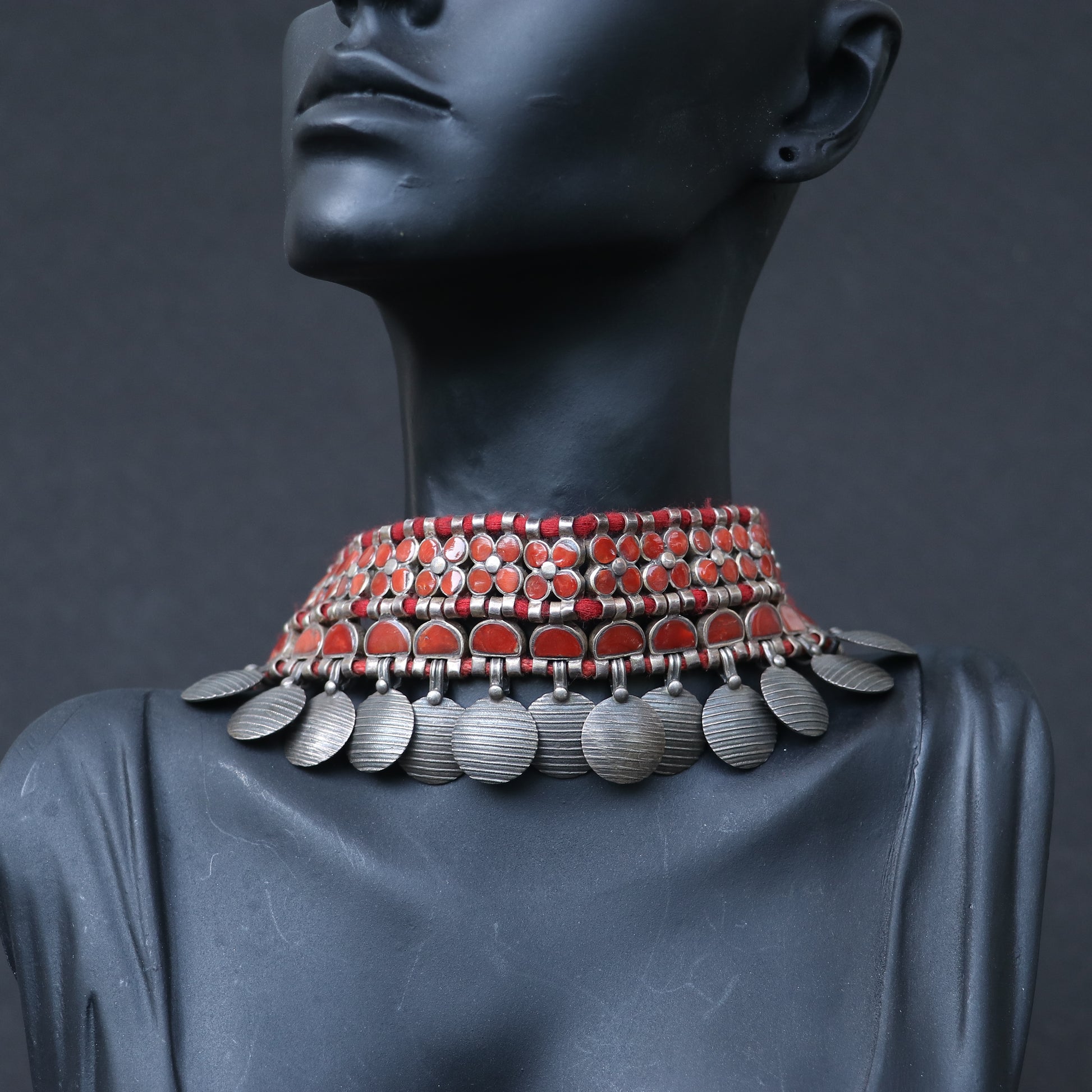 OXIDISED SILVER CHOKER WITH RED ENAMEL INLAYS & CHARMS