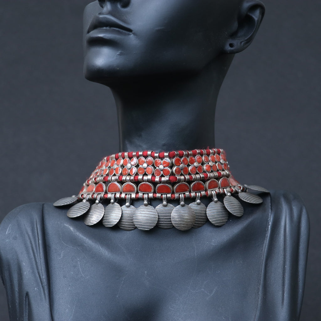 OXIDISED SILVER CHOKER WITH RED ENAMEL INLAYS & CHARMS