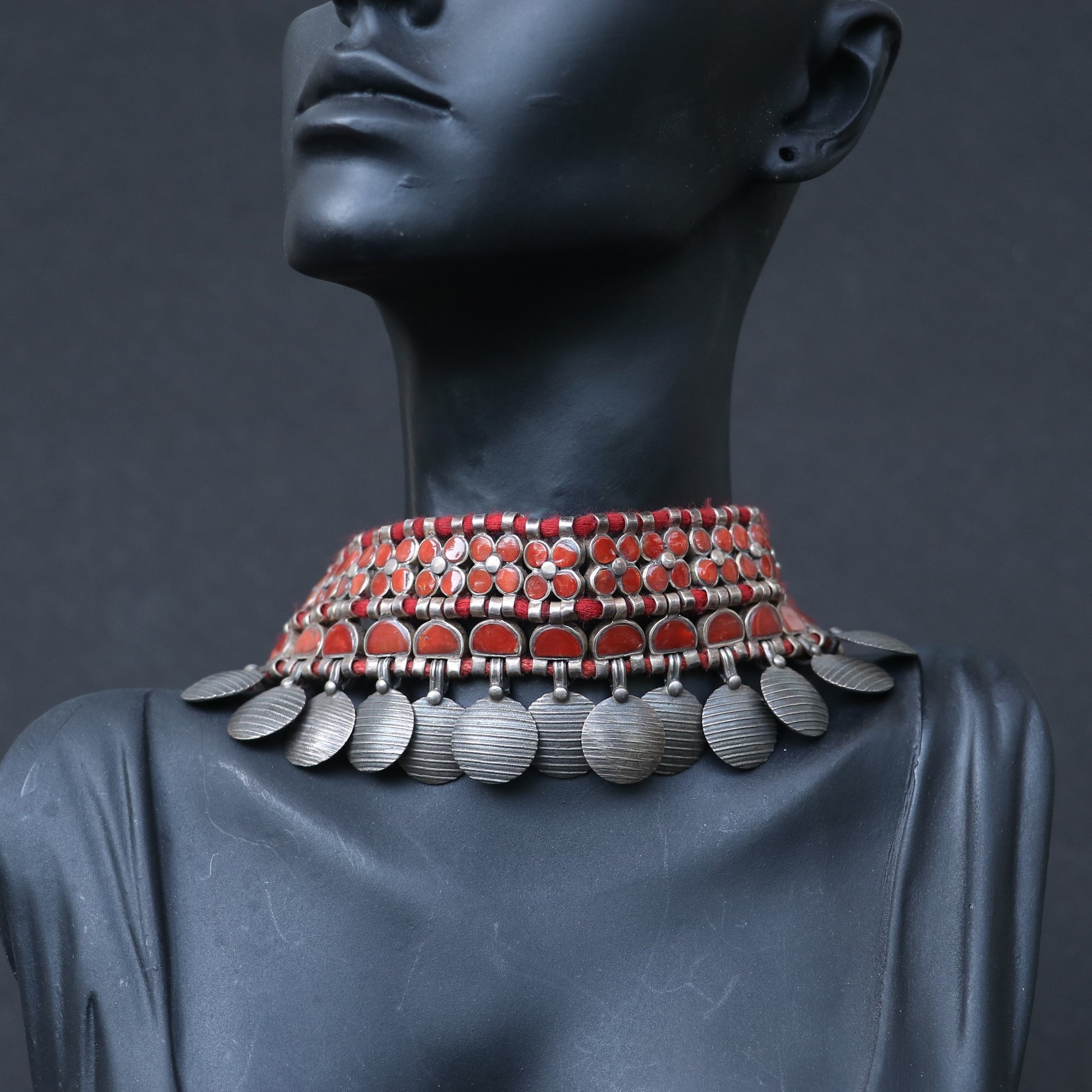 OXIDISED SILVER CHOKER WITH RED ENAMEL INLAYS & CHARMS