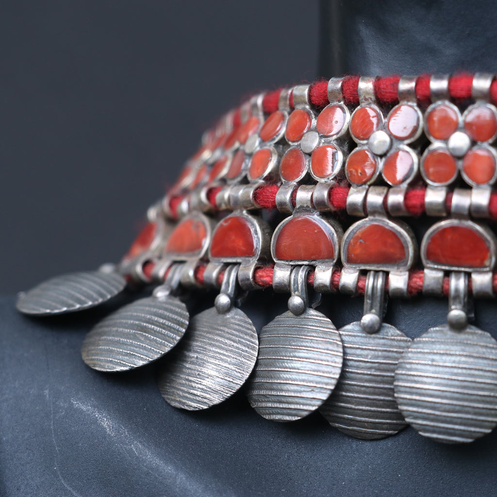 OXIDISED SILVER CHOKER WITH RED ENAMEL INLAYS & CHARMS