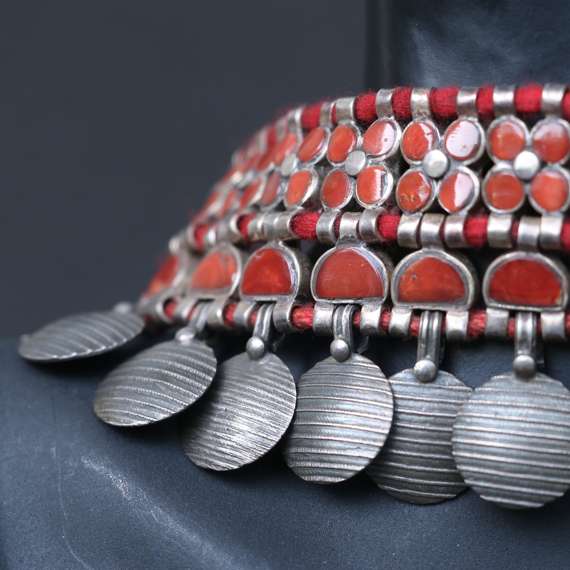 OXIDISED SILVER CHOKER WITH RED ENAMEL INLAYS & CHARMS