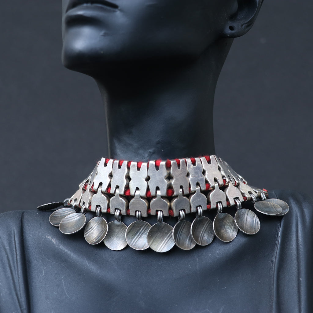 OXIDISED SILVER CHOKER WITH RED ENAMEL INLAYS & CHARMS