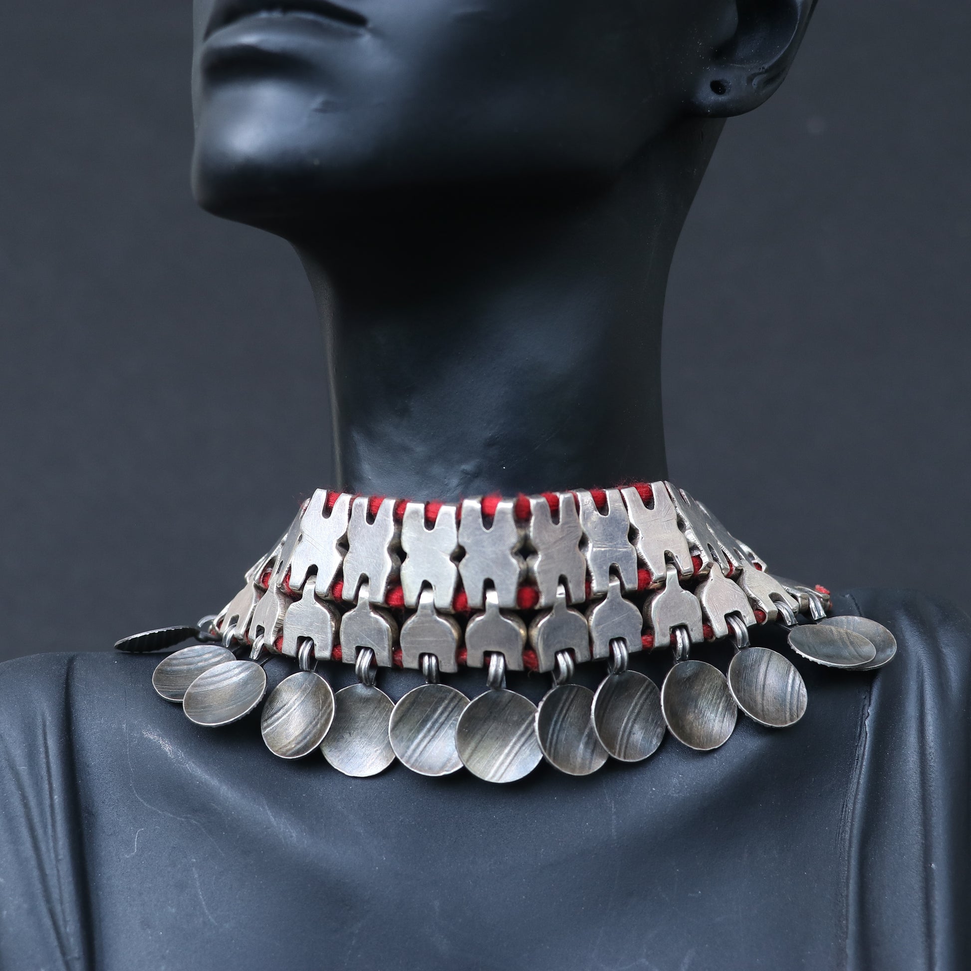 OXIDISED SILVER CHOKER WITH RED ENAMEL INLAYS & CHARMS