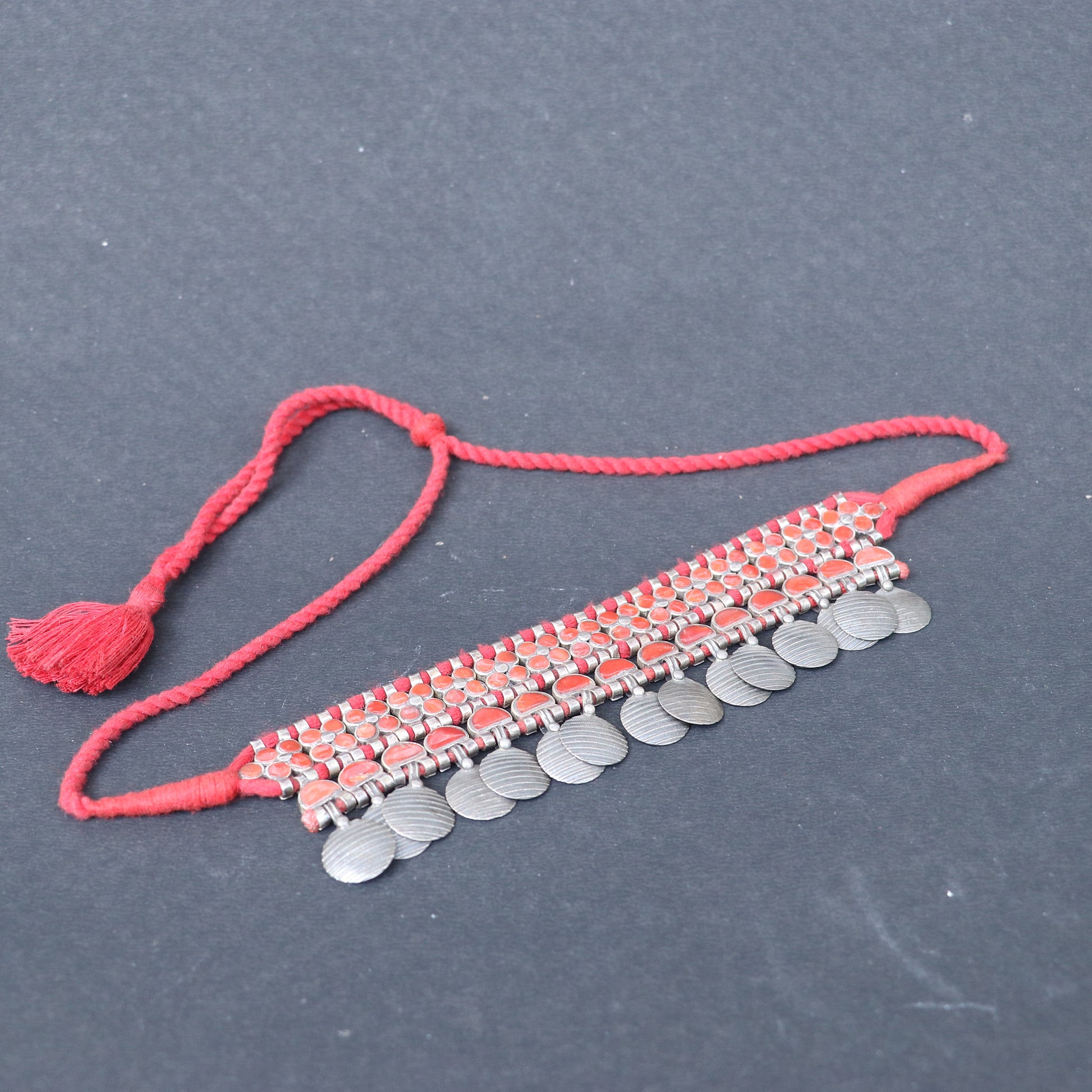 OXIDISED SILVER CHOKER WITH RED ENAMEL INLAYS & CHARMS