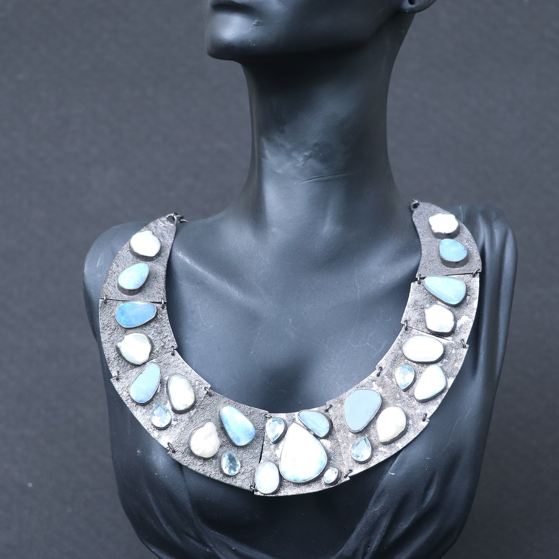 OXIDISED SILVER COLLAR NECKLACE WITH NATURAL OPALS