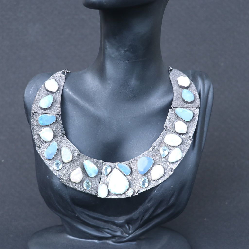OXIDISED SILVER COLLAR NECKLACE WITH NATURAL OPALS