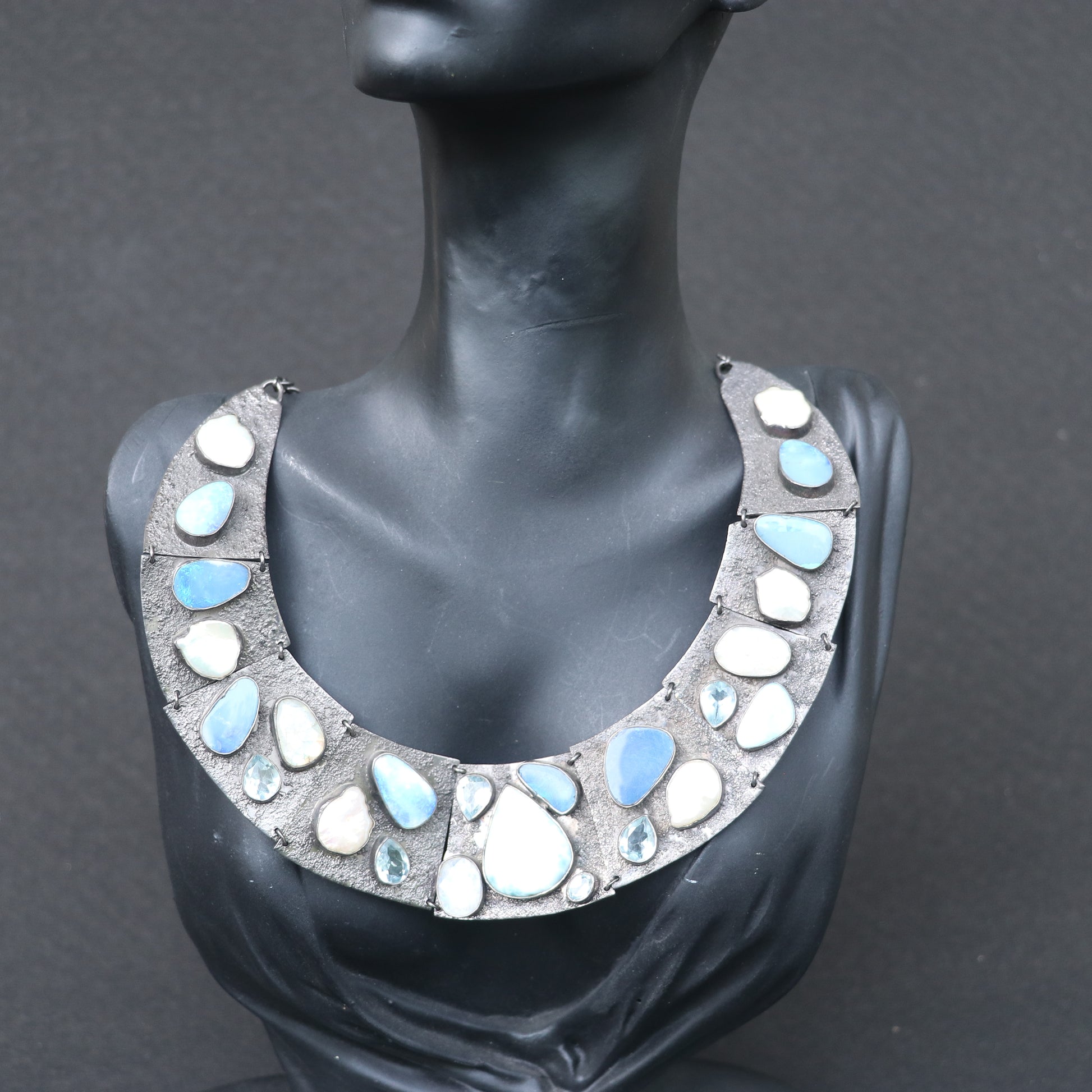 OXIDISED SILVER COLLAR NECKLACE WITH NATURAL OPALS