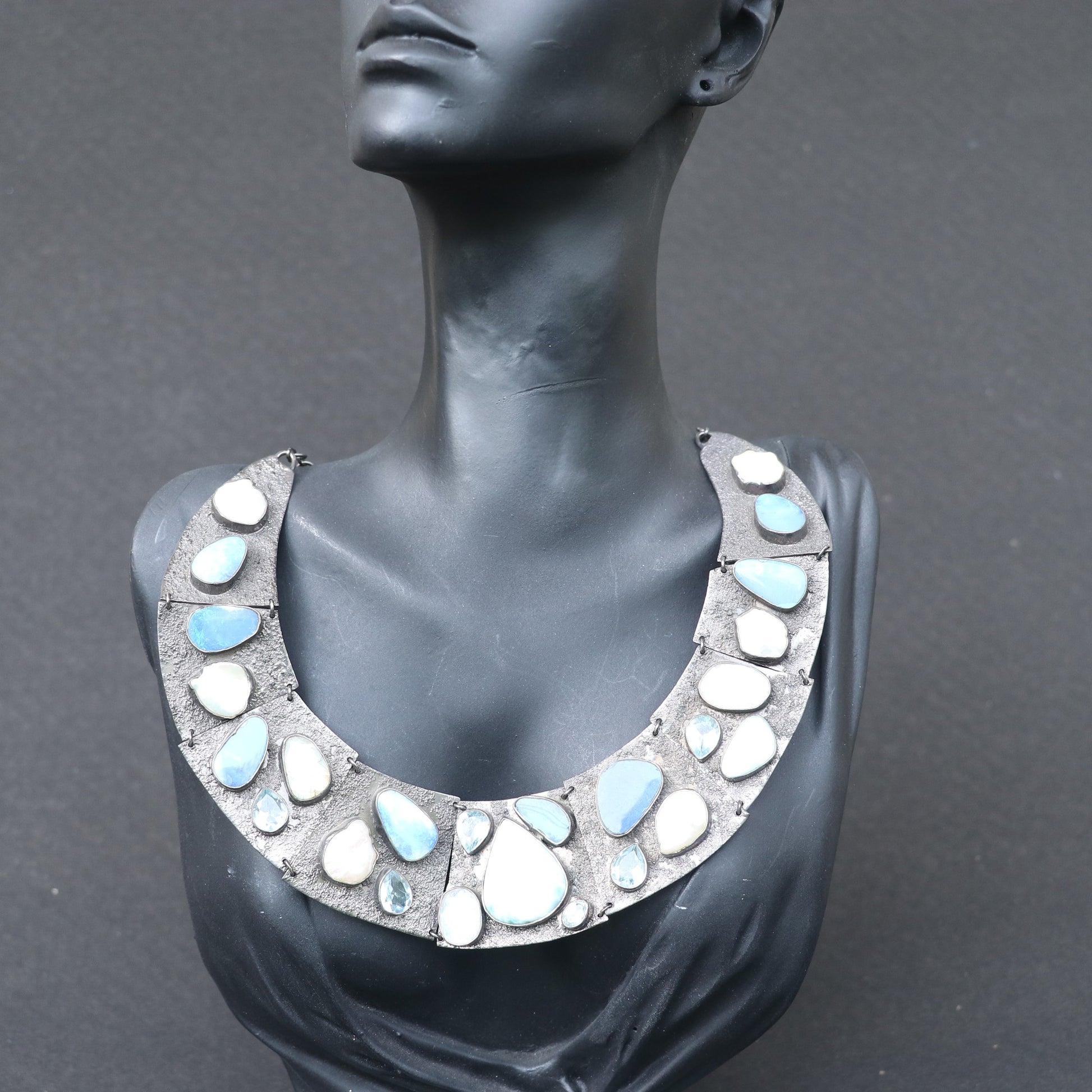 OXIDISED SILVER COLLAR NECKLACE WITH NATURAL OPALS