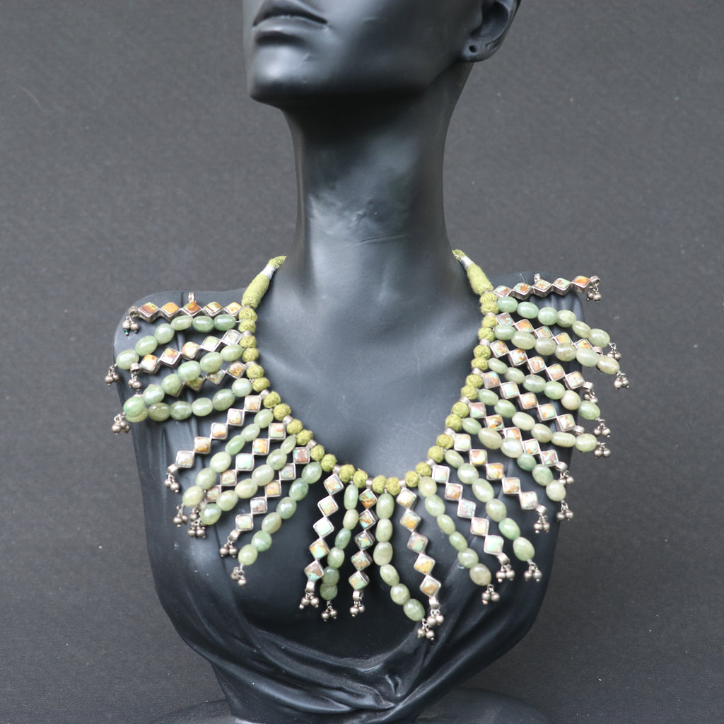 SILVER NECKLACE WITH GREEN TURQUOISE STONES AND SILVER DANGLERS