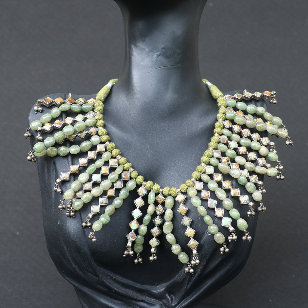 SILVER NECKLACE WITH GREEN TURQUOISE STONES AND SILVER DANGLERS