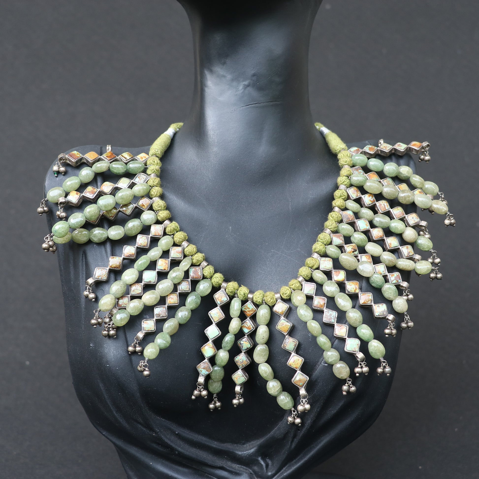 SILVER NECKLACE WITH GREEN TURQUOISE STONES AND SILVER DANGLERS