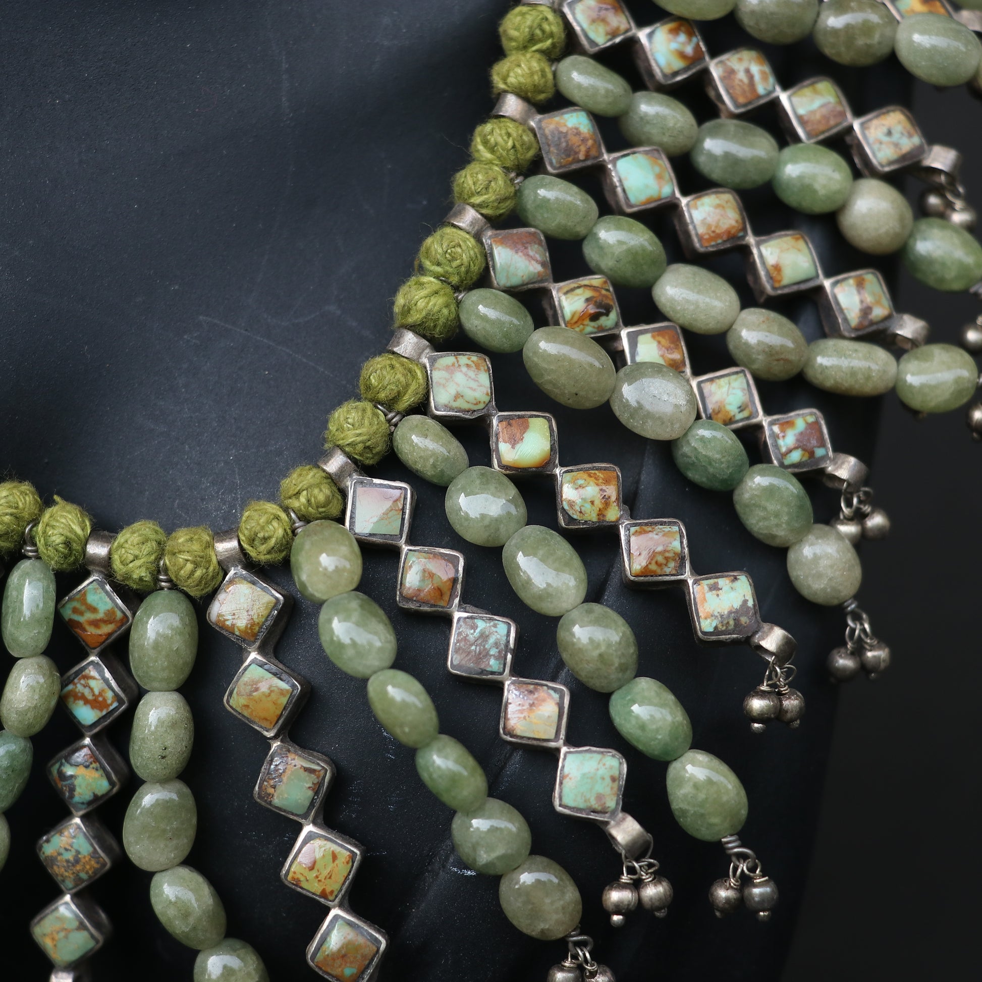 SILVER NECKLACE WITH GREEN TURQUOISE STONES AND SILVER DANGLERS