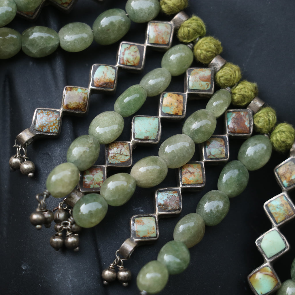 SILVER NECKLACE WITH GREEN TURQUOISE STONES AND SILVER DANGLERS