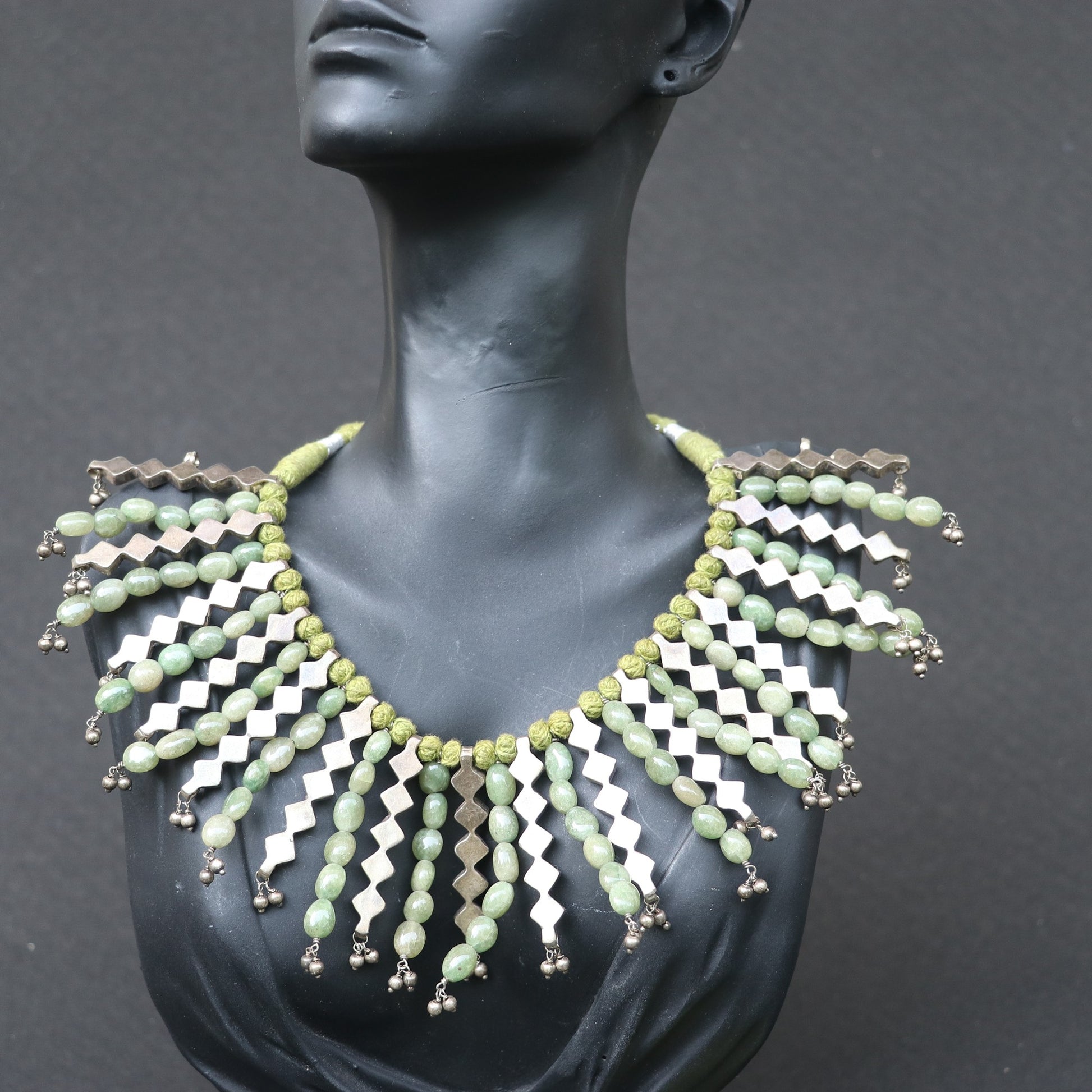 SILVER NECKLACE WITH GREEN TURQUOISE STONES AND SILVER DANGLERS