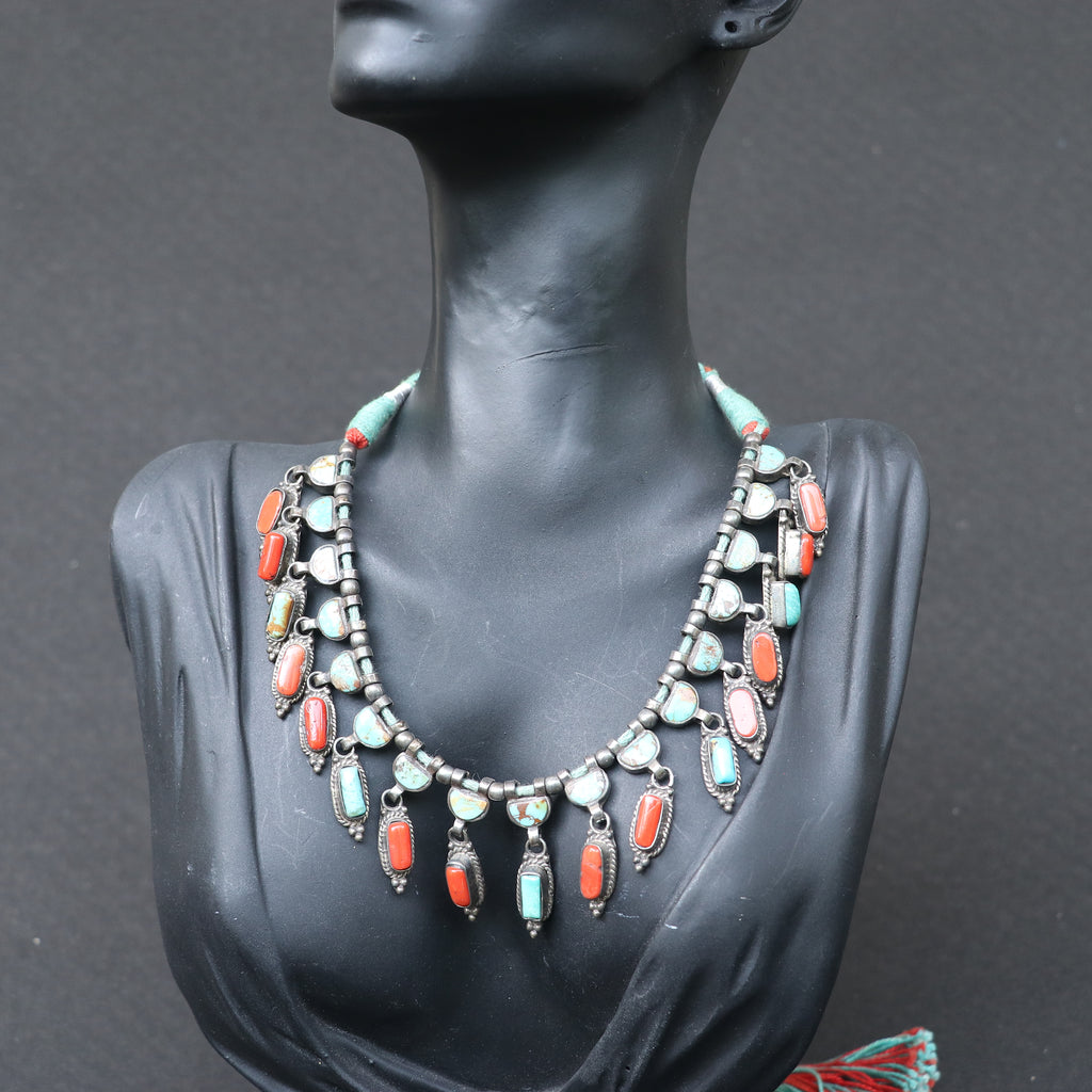 SILVER NECKLACE WITH RED CORALS AND TURQUOISE STONES