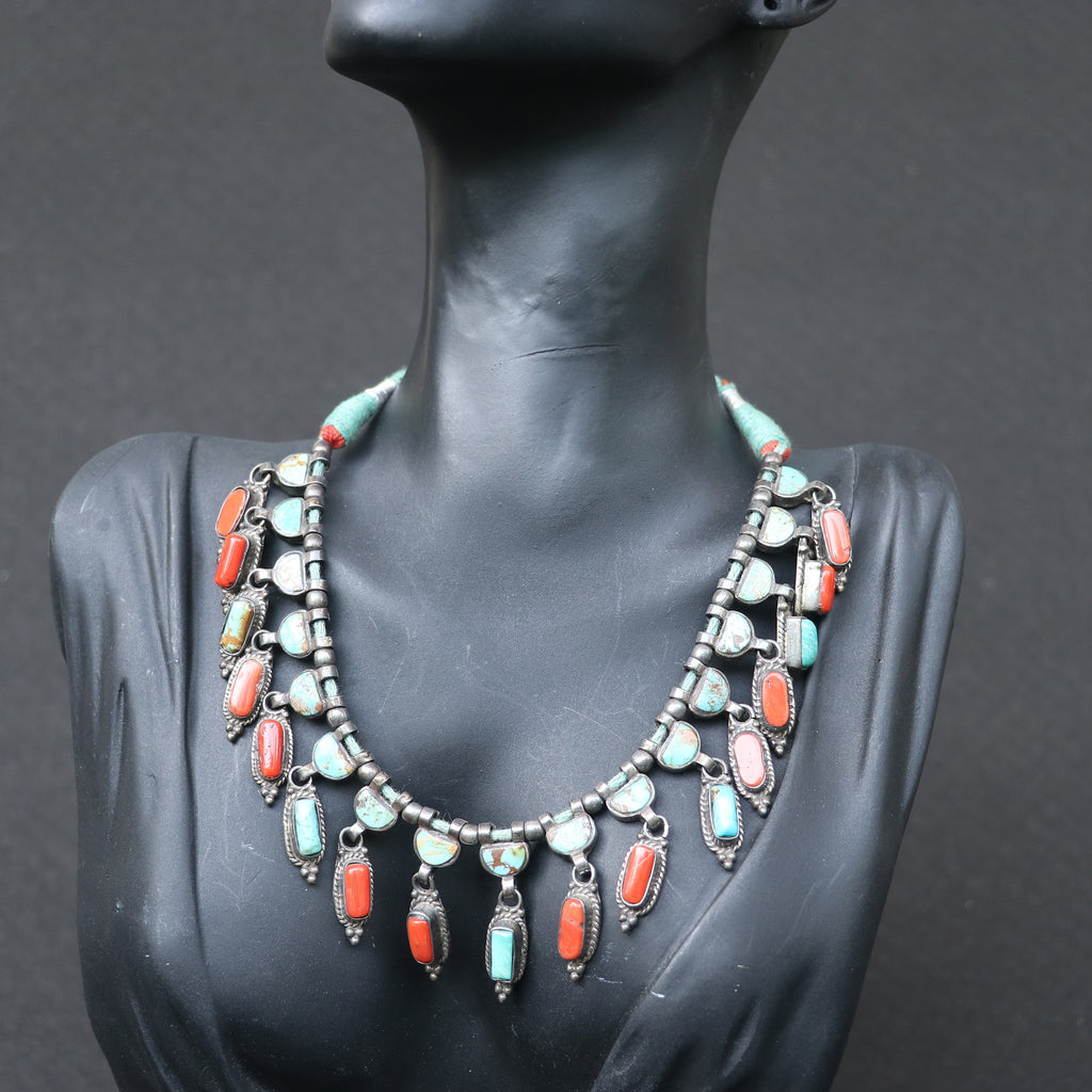 SILVER NECKLACE WITH RED CORALS AND TURQUOISE STONES