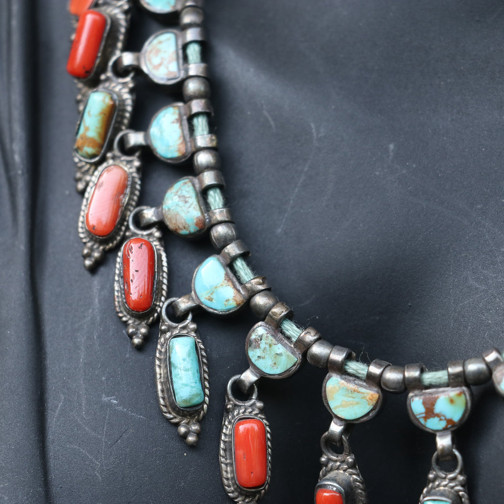 SILVER NECKLACE WITH RED CORALS AND TURQUOISE STONES
