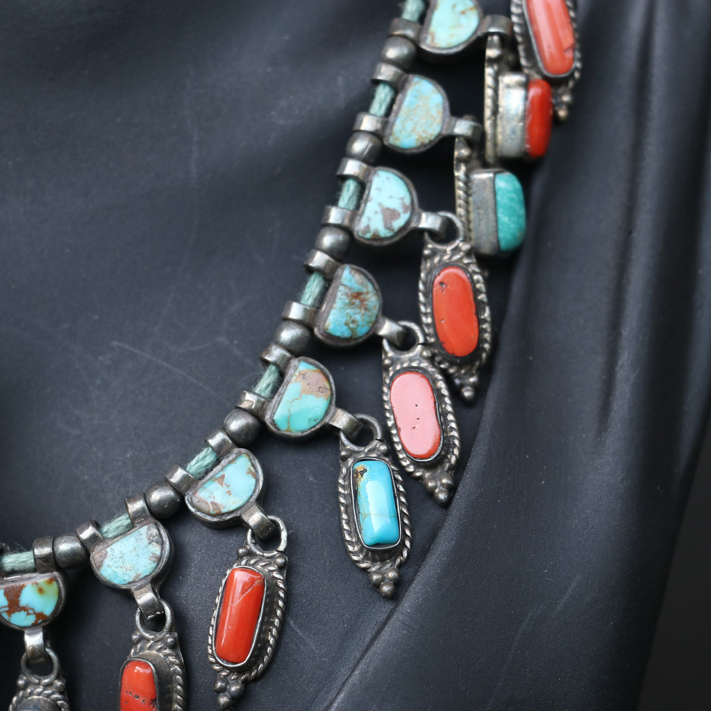 SILVER NECKLACE WITH RED CORALS AND TURQUOISE STONES