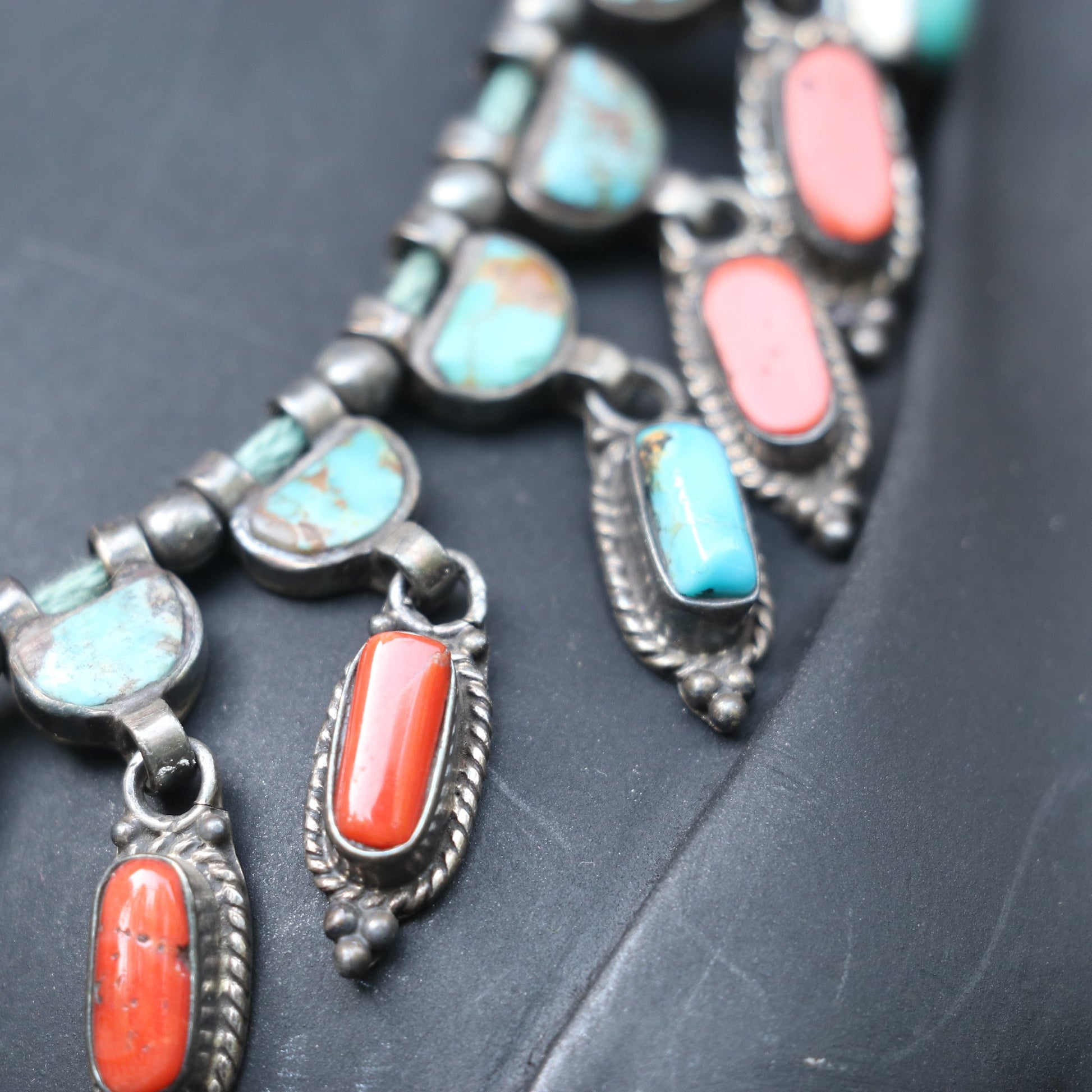SILVER NECKLACE WITH RED CORALS AND TURQUOISE STONES