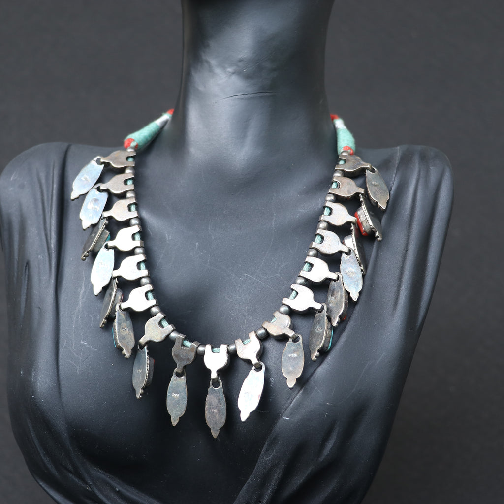 SILVER NECKLACE WITH RED CORALS AND TURQUOISE STONES