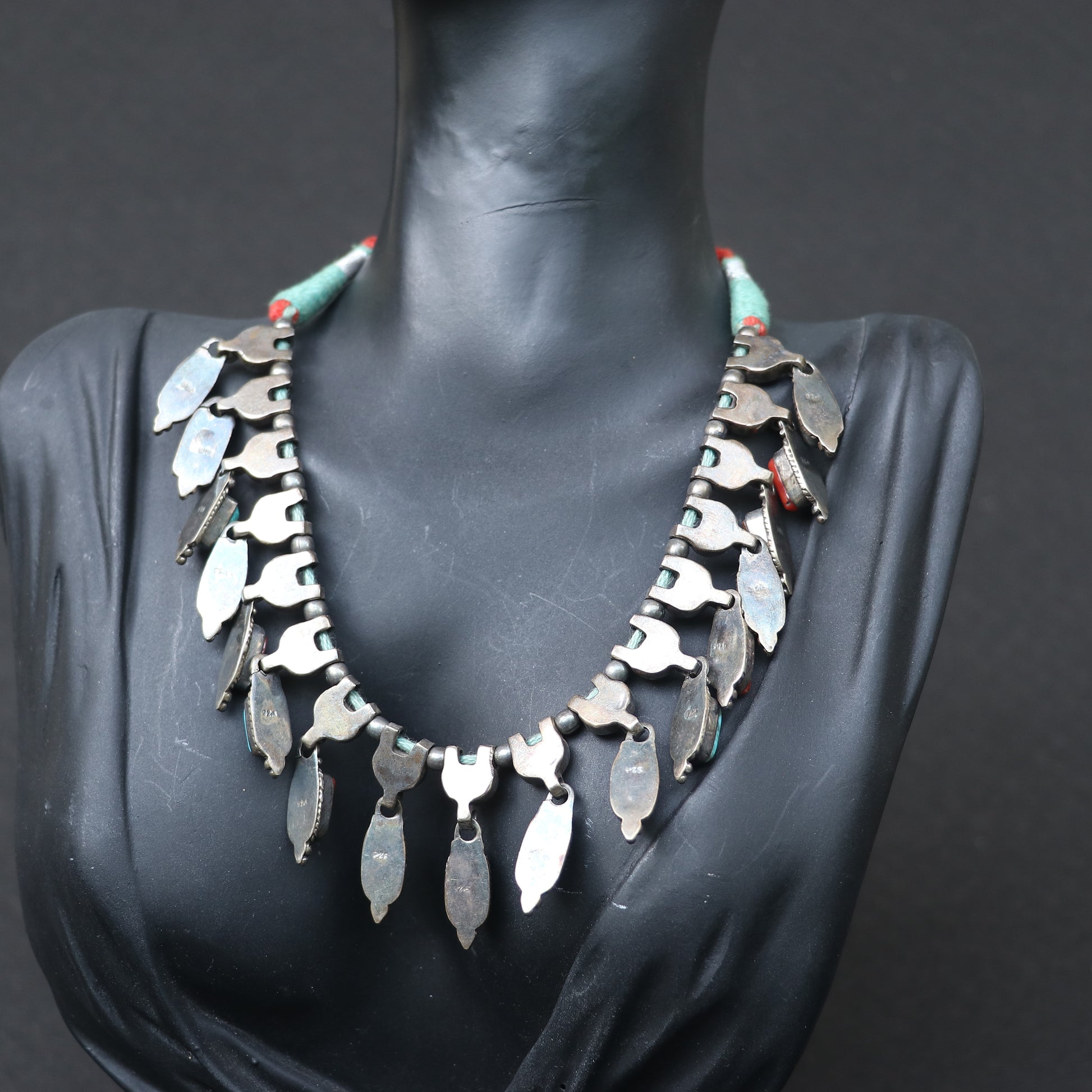 SILVER NECKLACE WITH RED CORALS AND TURQUOISE STONES