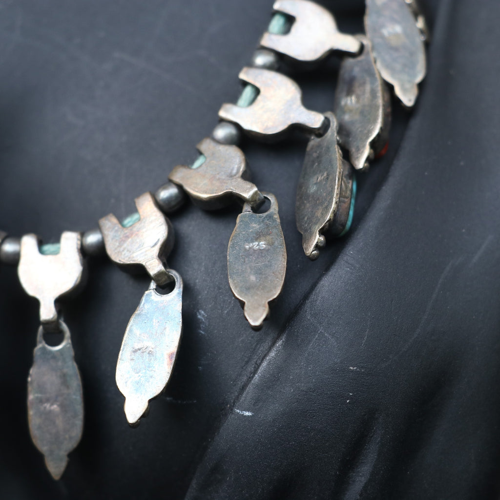 SILVER NECKLACE WITH RED CORALS AND TURQUOISE STONES