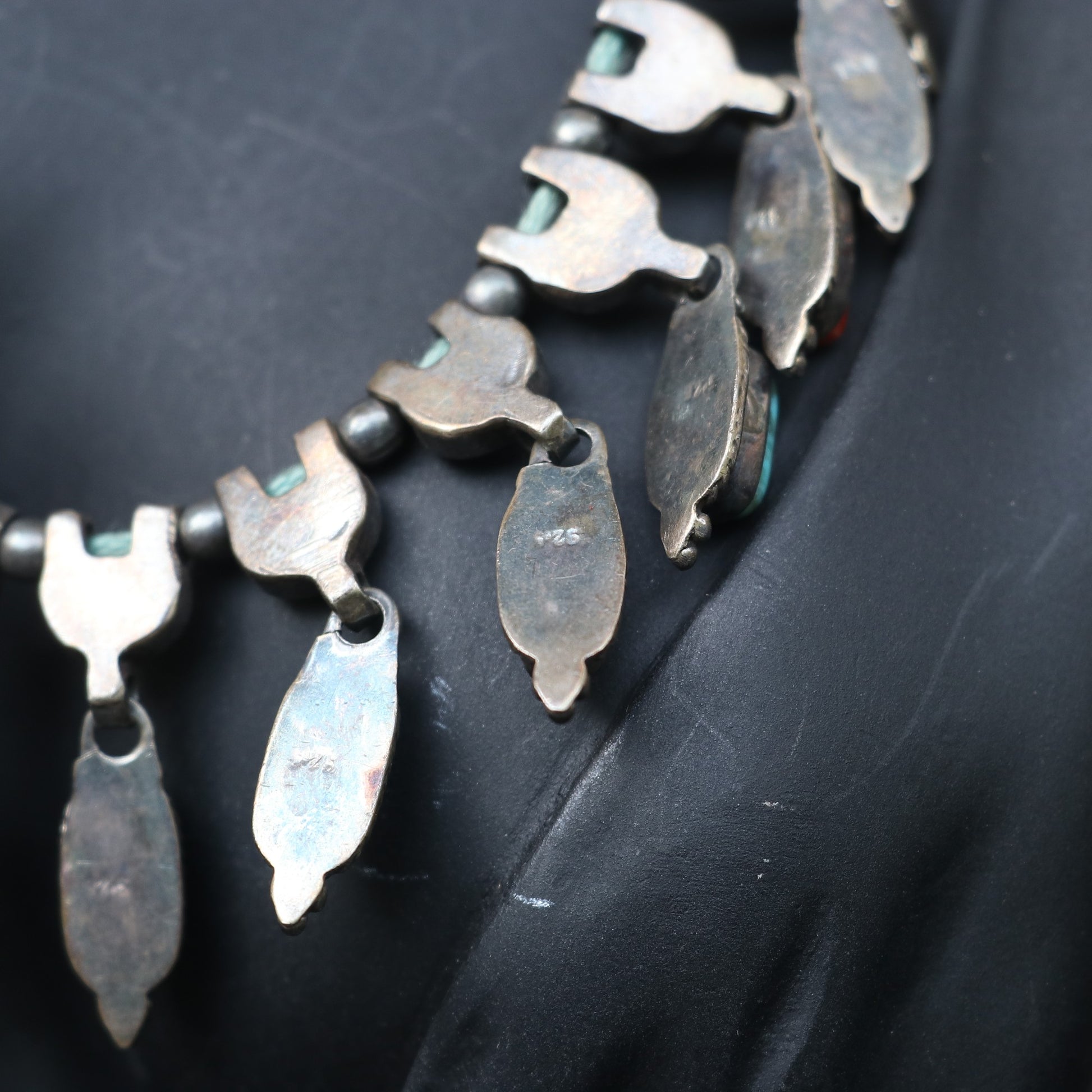 SILVER NECKLACE WITH RED CORALS AND TURQUOISE STONES