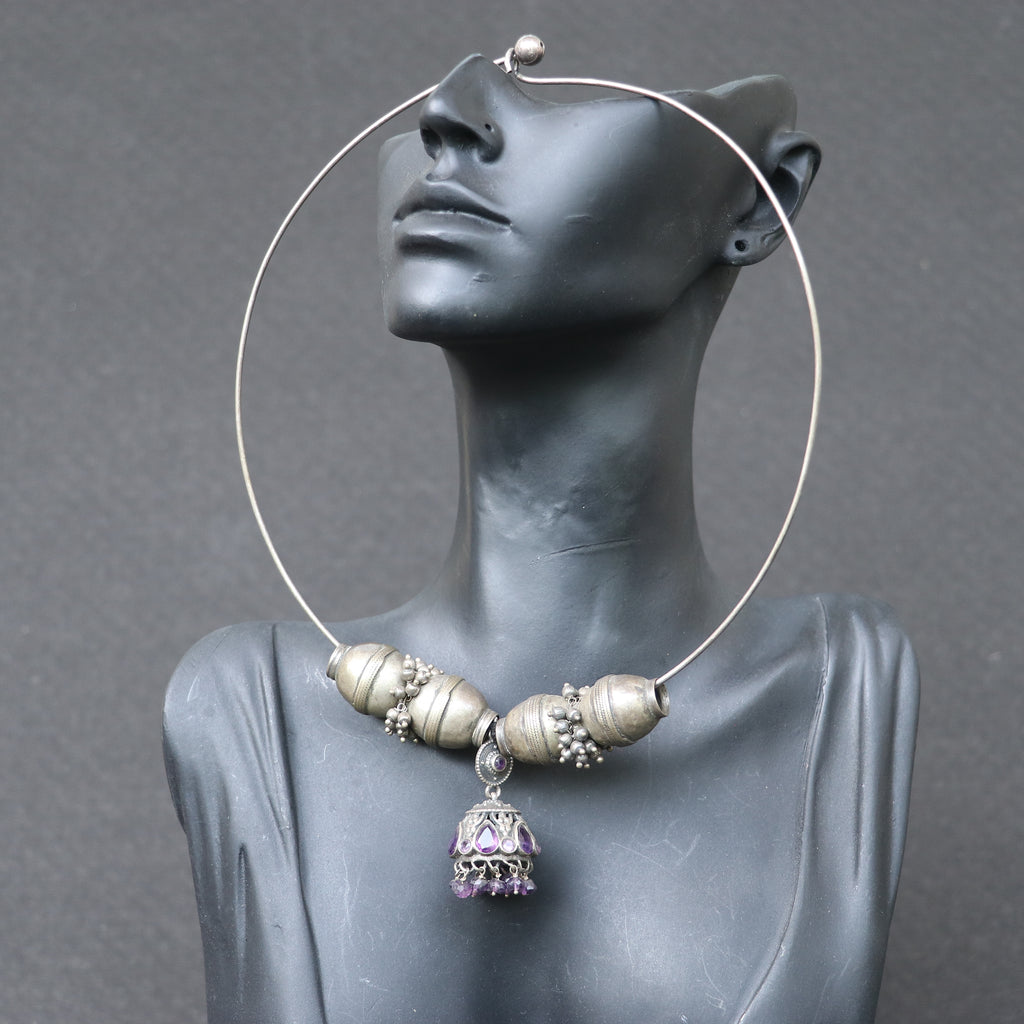 SILVER CHOKER WITH CHUNKY BEADS AND A PURPLE JHUMKA
