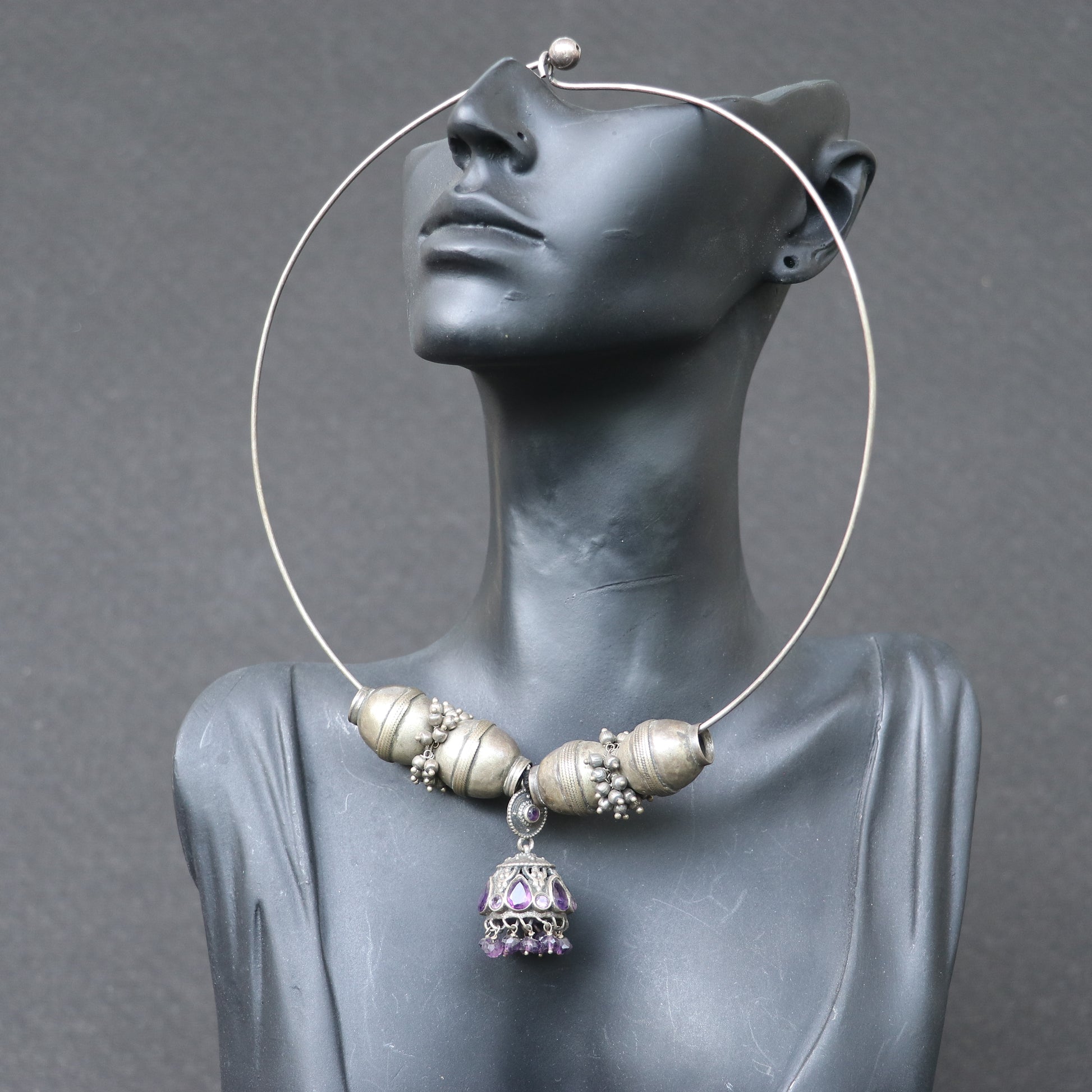 SILVER CHOKER WITH CHUNKY BEADS AND A PURPLE JHUMKA