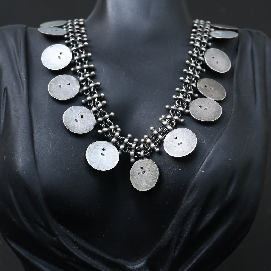 SILVER NECKLACE WITH LAYERED CHAIN DESIGN AND ENGRAVED COIN SHAPE GANESH