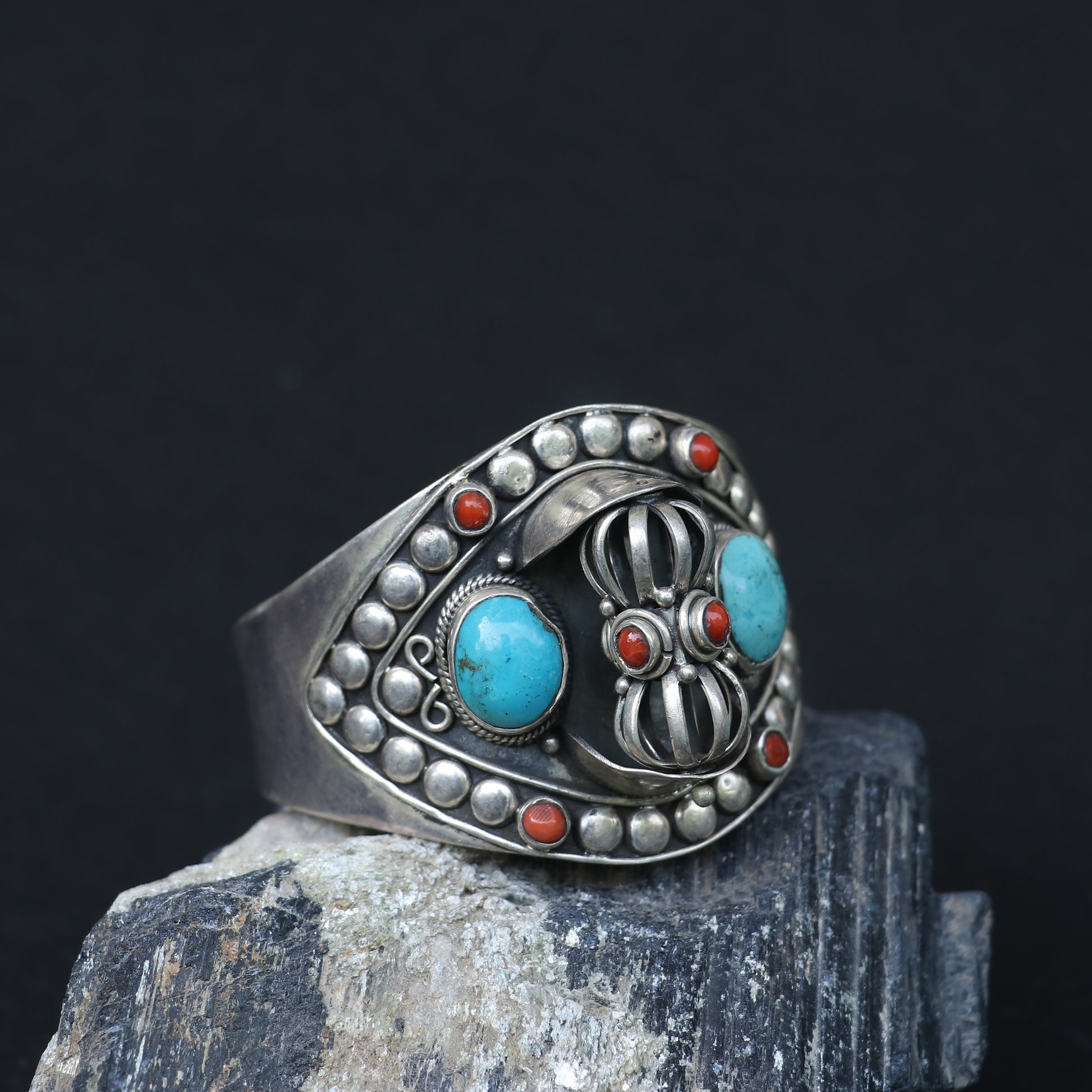 SILVER NEPALI STYLE KADA FEATURING TURQUOISE AND CORAL STONES