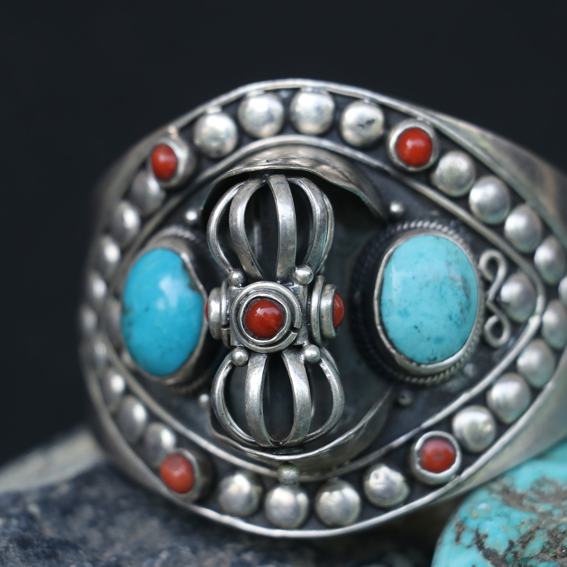 SILVER NEPALI STYLE KADA FEATURING TURQUOISE AND CORAL STONES