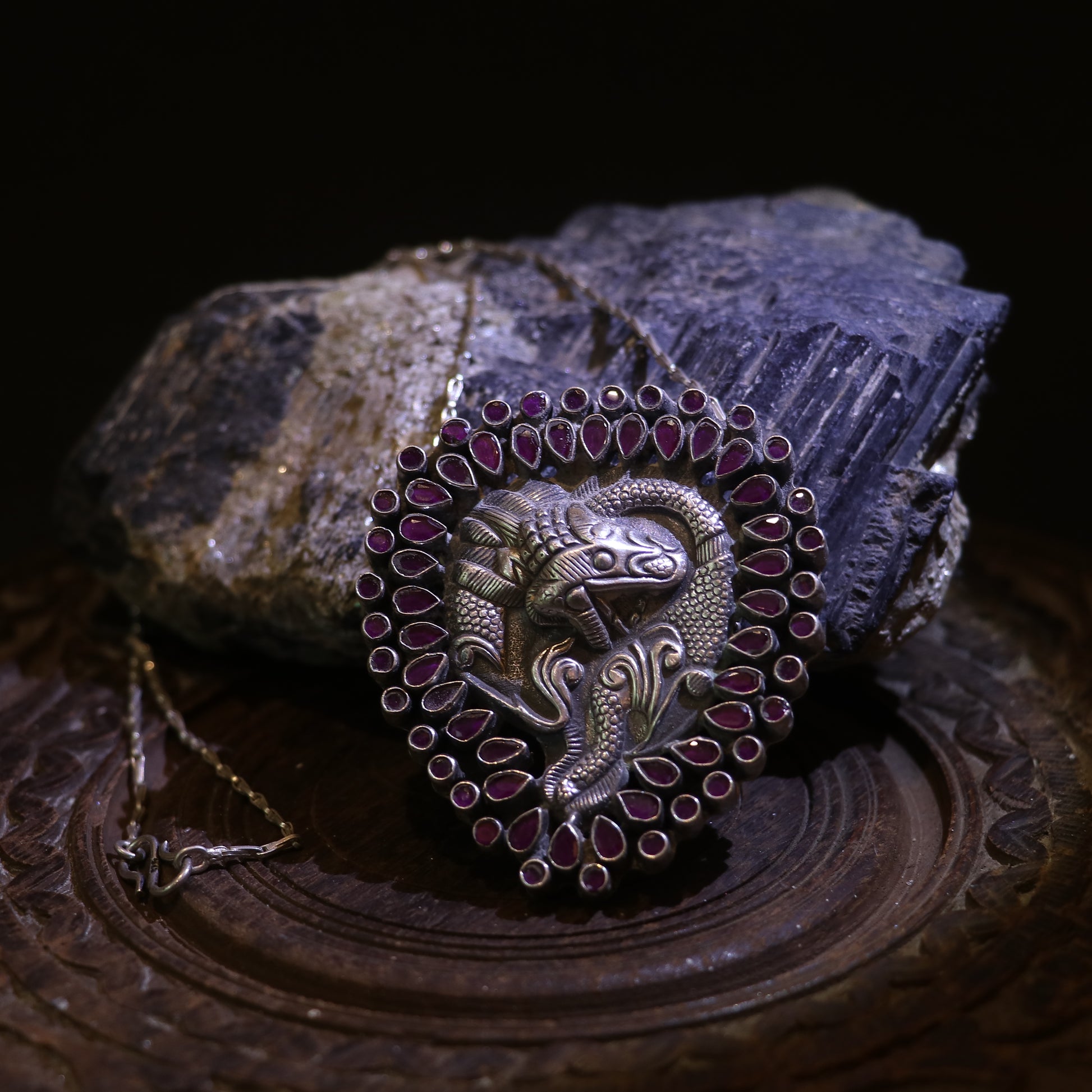 SILVER TWIN FISH PENDANT WITH BANGOK RUBY STONES