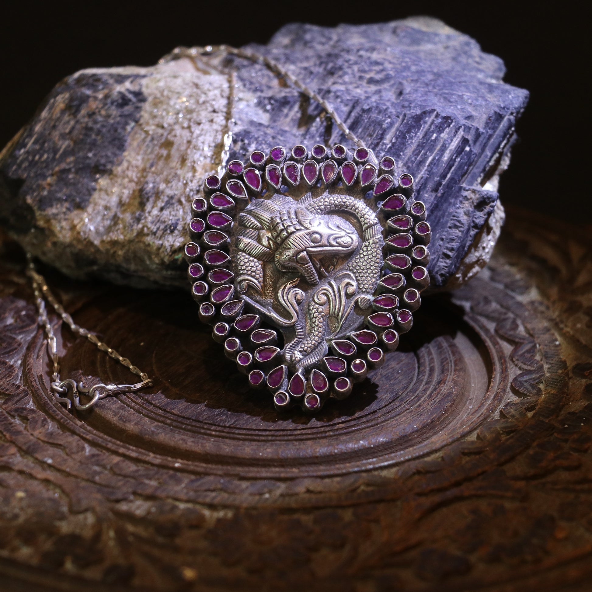 SILVER TWIN FISH PENDANT WITH BANGOK RUBY STONES