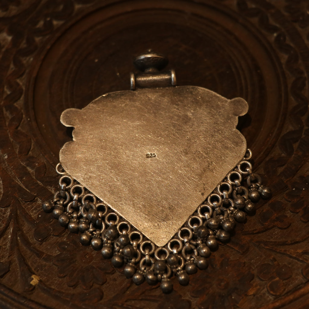 SILVER PENDANT WITH FLORAL CRAVINGS AND HANGING BEADS