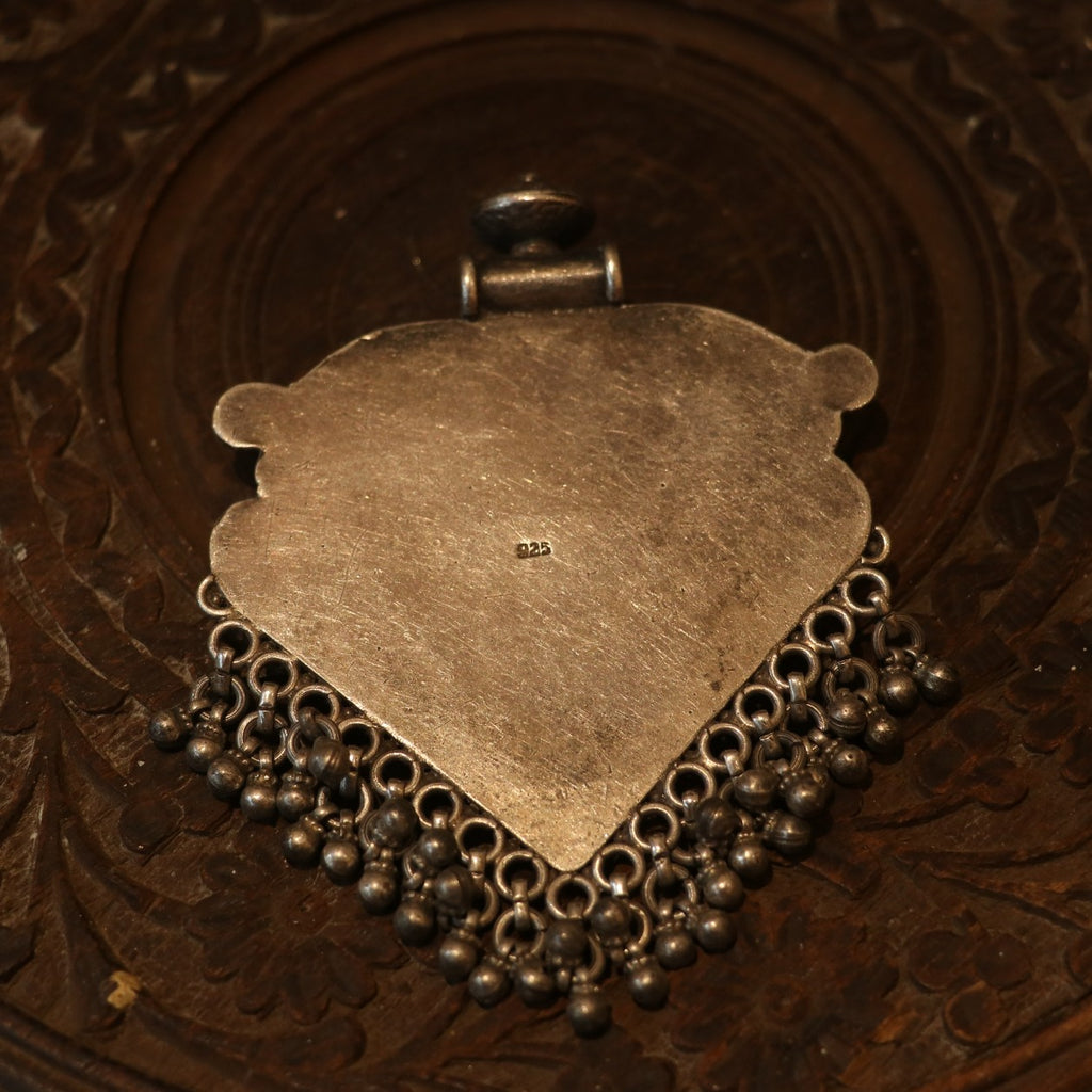 SILVER PENDANT WITH FLORAL CRAVINGS AND HANGING BEADS