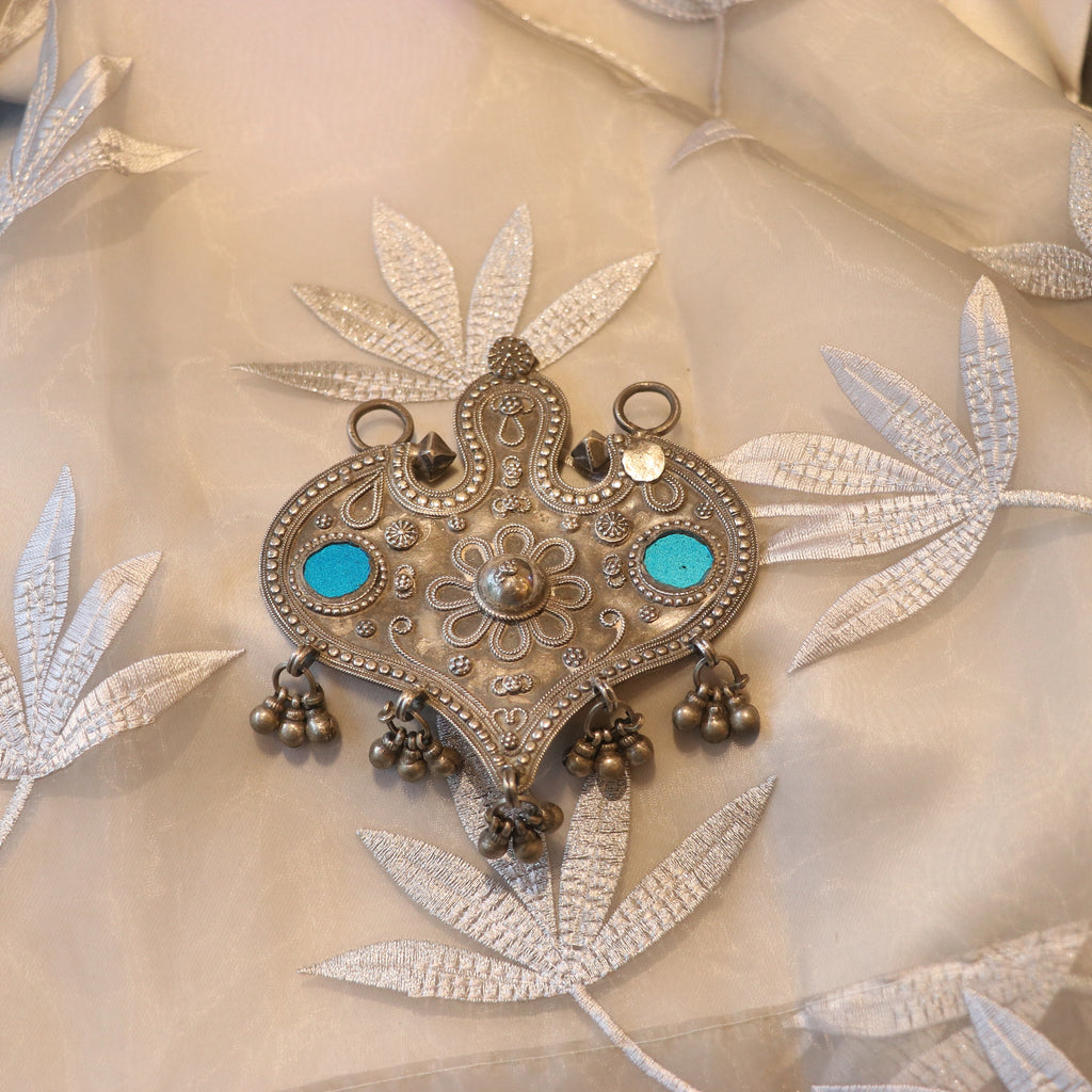 SILVER PENDANT WITH FLORAL EMBOSSING & TURQUOISE INLAYS