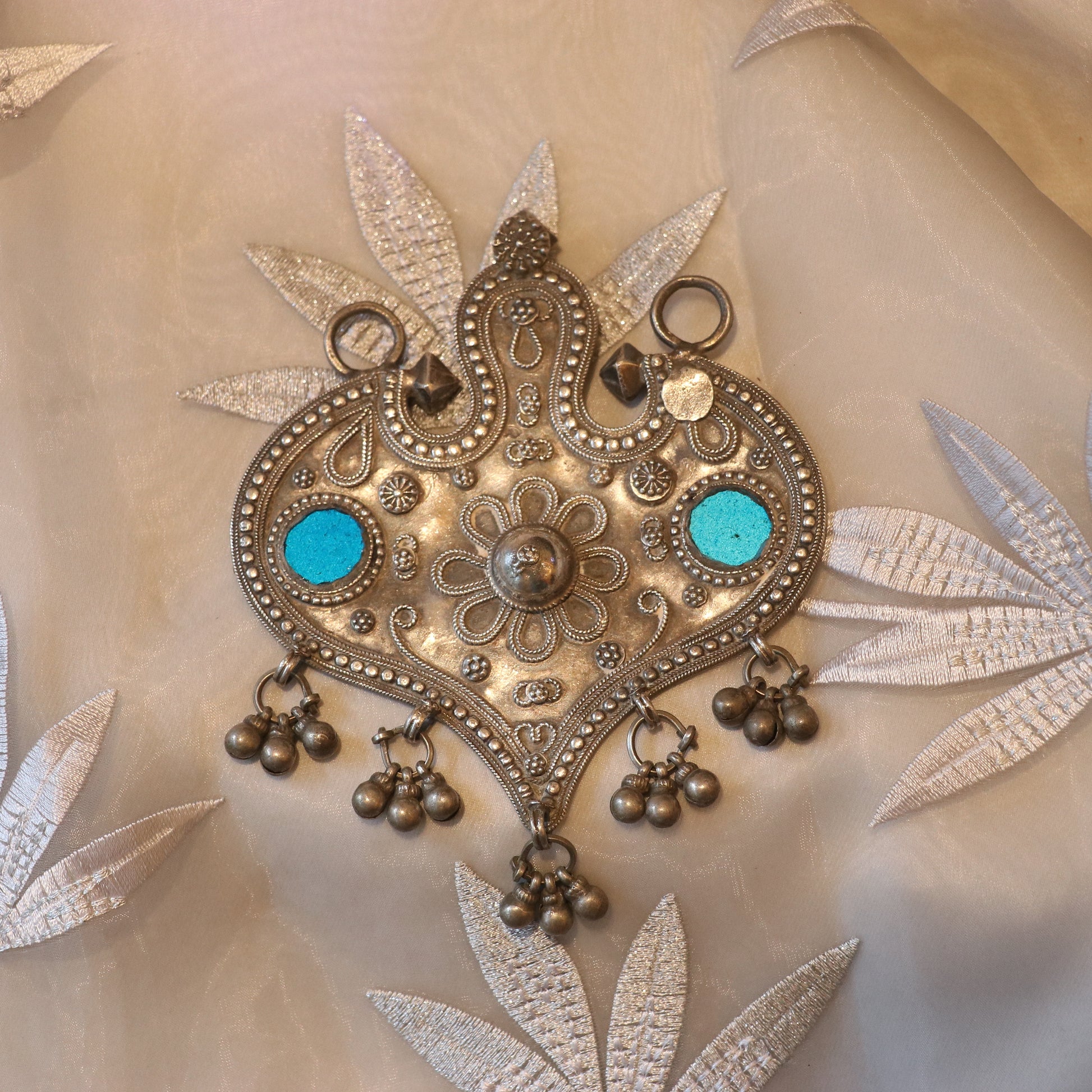 SILVER PENDANT WITH FLORAL EMBOSSING & TURQUOISE INLAYS