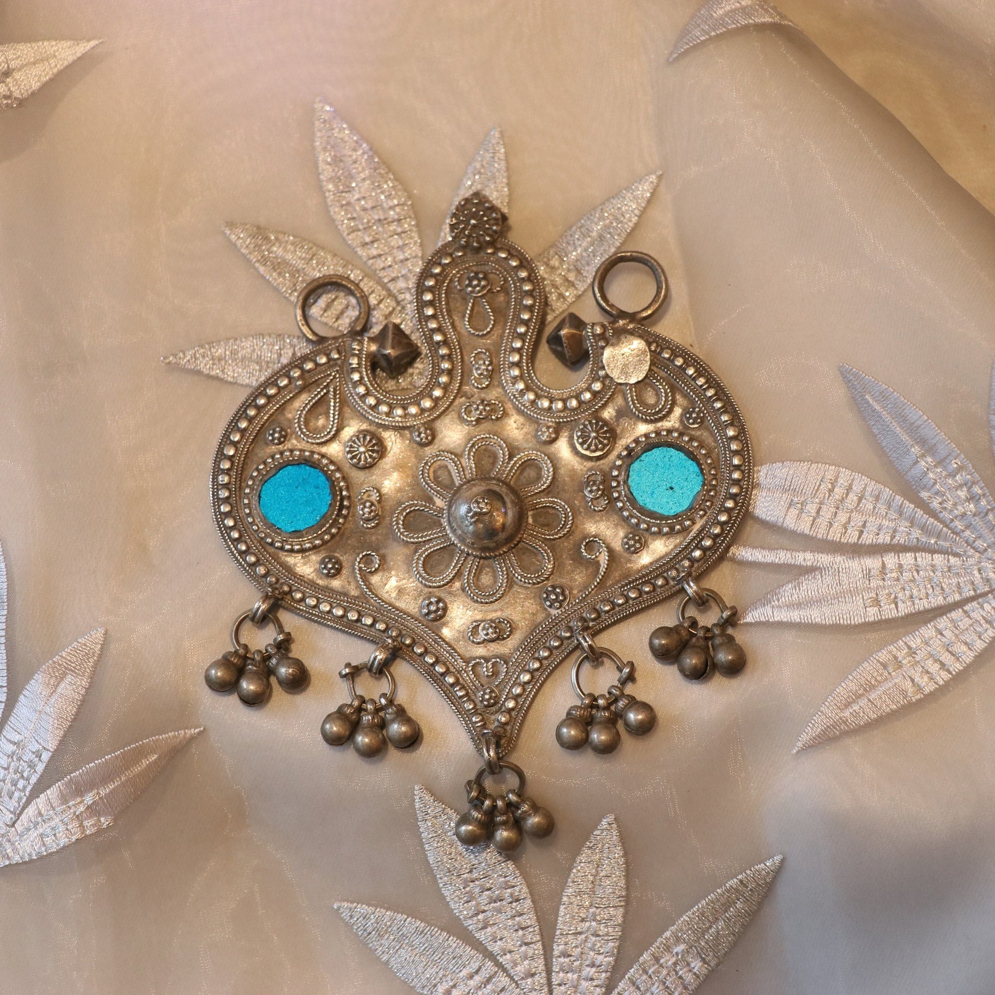 SILVER PENDANT WITH FLORAL EMBOSSING & TURQUOISE INLAYS