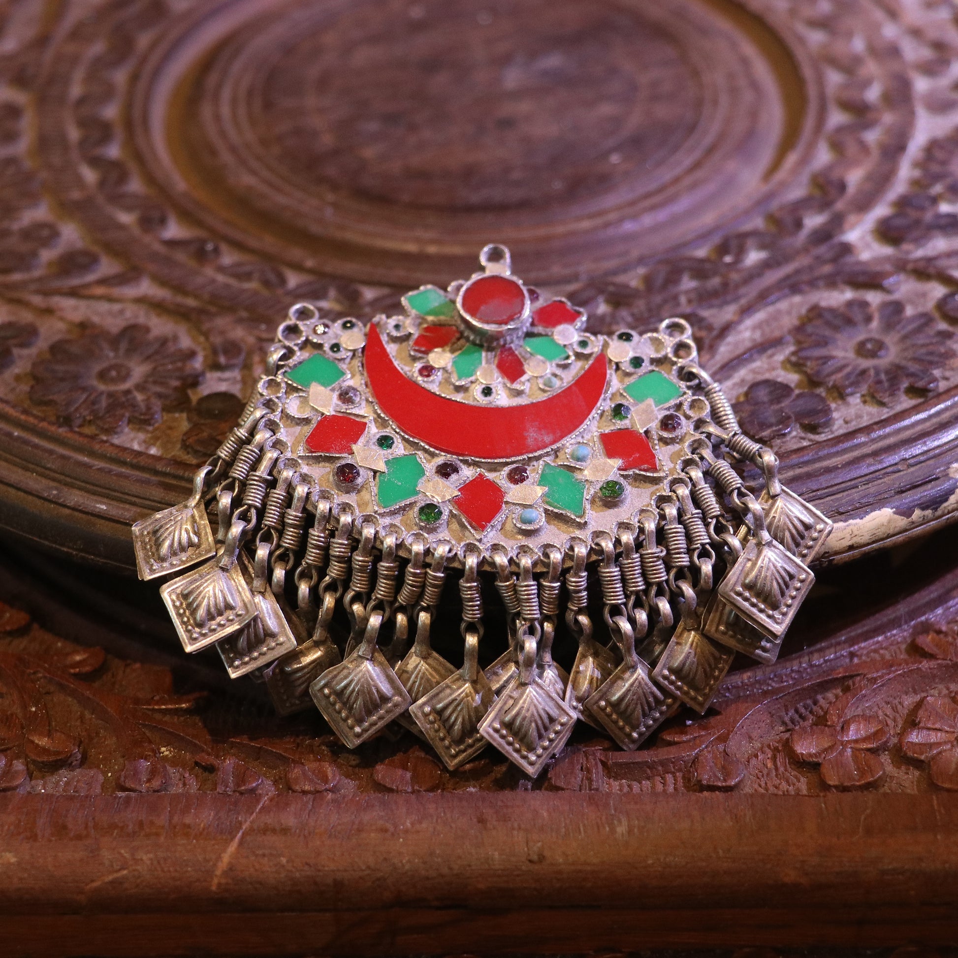 TRIBAL SILVER PENDANT WITH COLOURFUL ENAMEL INLAYS