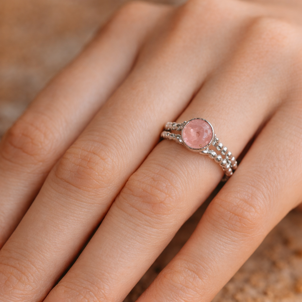 SILVER BEADED RING WITH PINK TOURMALINE